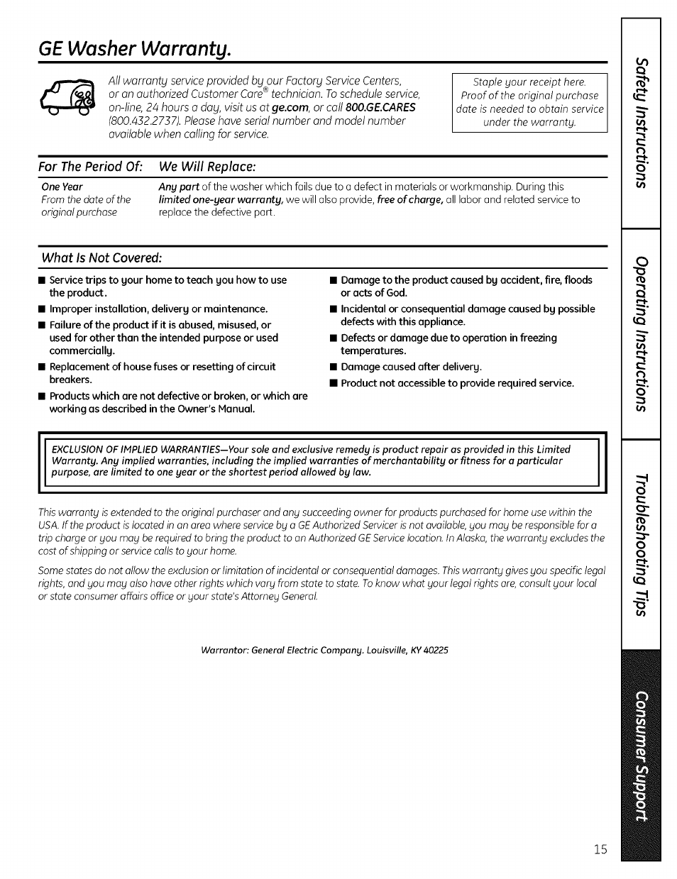 Ge washer warranty, For the period of: we will replace, What is not covered | GE EWA4600 User Manual | Page 15 / 16