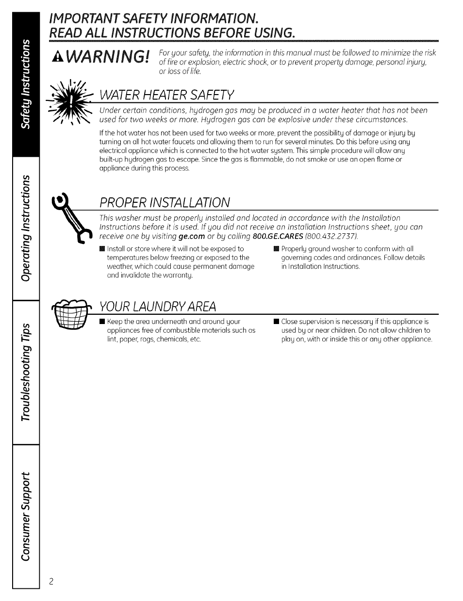 Water heater safety, Proper installation, Your laundry area | GE EWA4600 User Manual | Page 2 / 16