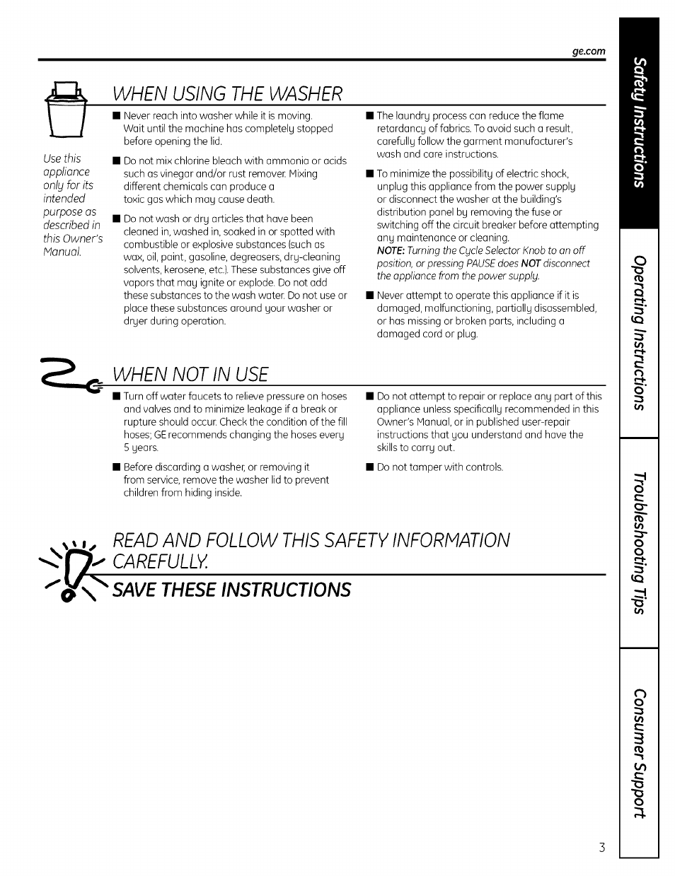 When using the washer, When not in use, Read and follow this safety information carefully | Save these instructions | GE EWA4600 User Manual | Page 3 / 16