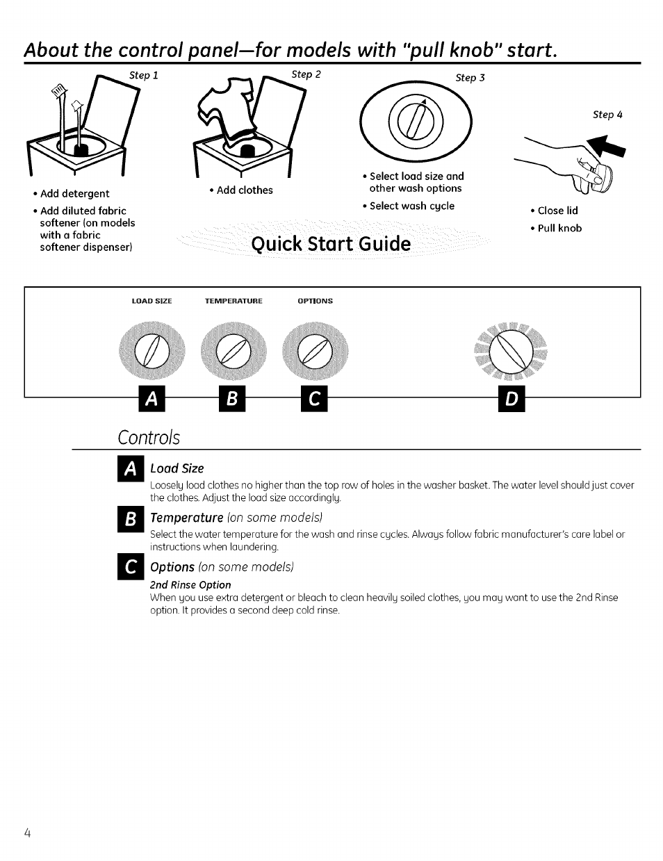 Controls, Quick start guide, Load size | Temperature, Options | GE EWA4600 User Manual | Page 4 / 16