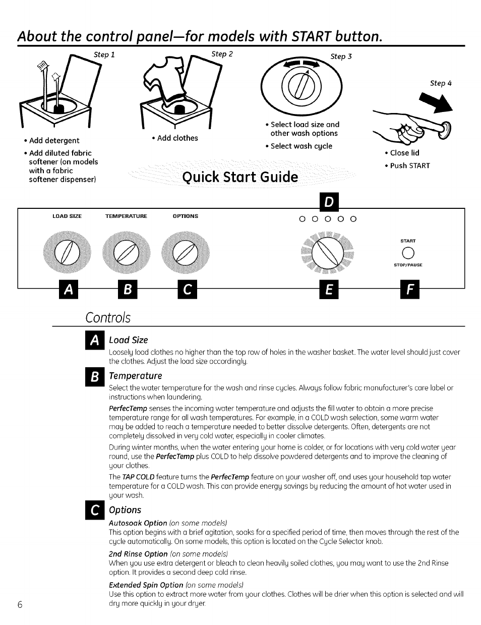 Controls, Quick start guide, Controls load size | Temperature, Options | GE EWA4600 User Manual | Page 6 / 16