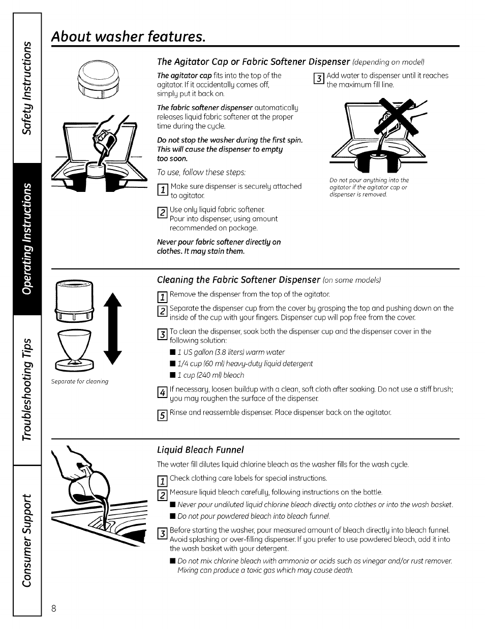 About washer features, The agitator cap or fabric softener dispenser, Cleaning the fabric softener dispenser | Liquid bleach funnel | GE EWA4600 User Manual | Page 8 / 16