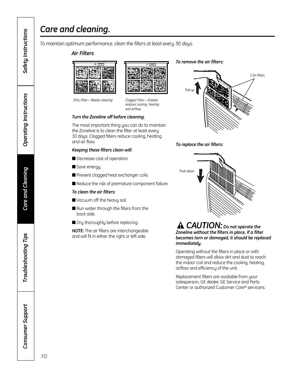 Air filters, Caution, Care and cleaning | GE Zoneline 4100 User Manual | Page 10 / 72