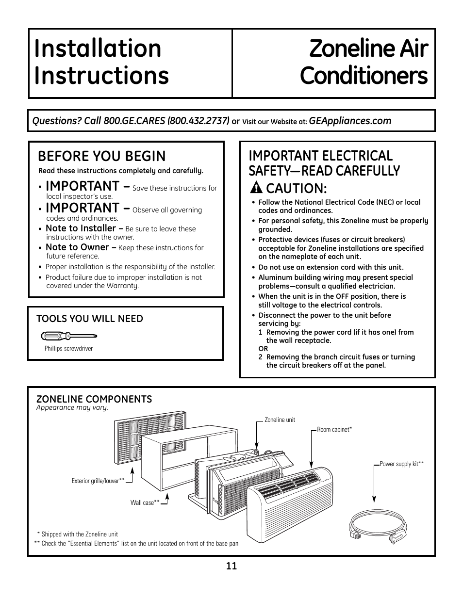 Preparation, Before you begin, Important electrical safety—read carefully | Important, Caution | GE Zoneline 4100 User Manual | Page 11 / 72