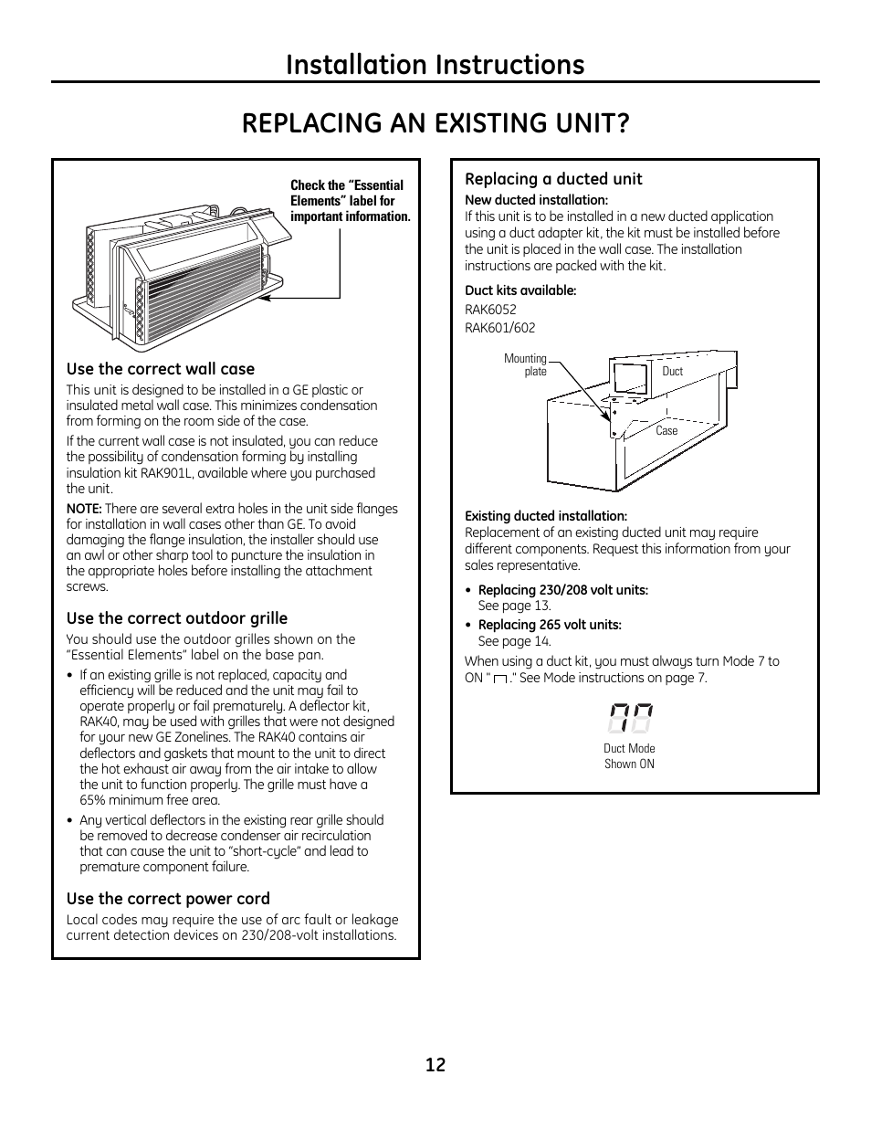 Replacing an existing unit, Installation instructions | GE Zoneline 4100 User Manual | Page 12 / 72