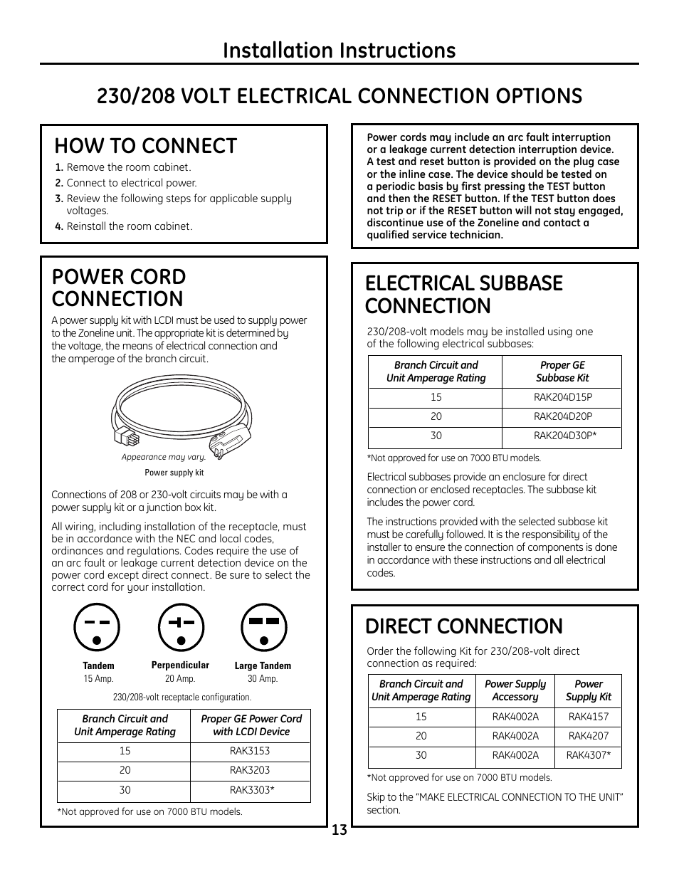 Electrical connection, Electrical connection –16, Power cord connection direct connection | GE Zoneline 4100 User Manual | Page 13 / 72