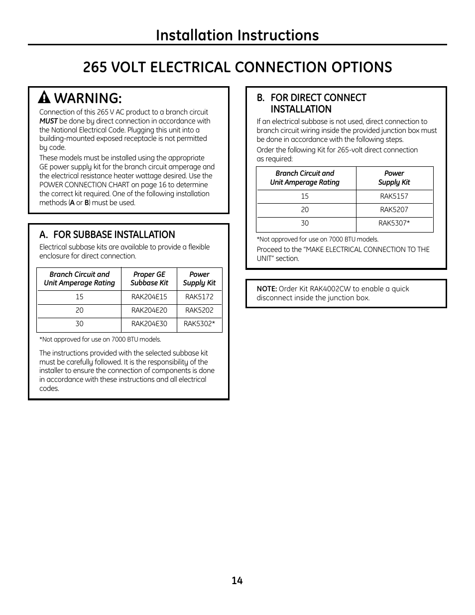 Warning, A. for subbase installation, B. for direct connect installation | GE Zoneline 4100 User Manual | Page 14 / 72
