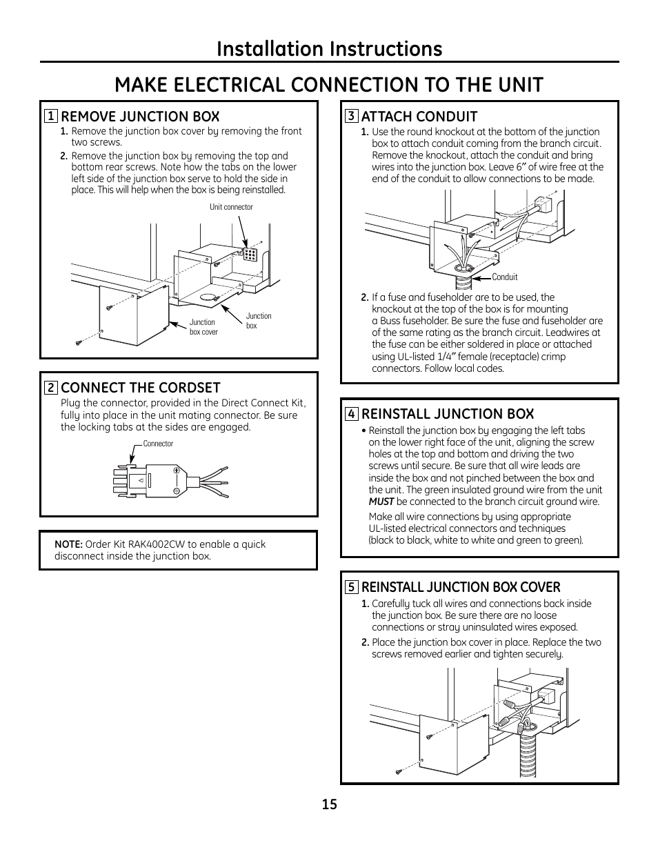 Reinstall junction box, Reinstall junction box cover, Attach conduit | Remove junction box, Connect the cordset | GE Zoneline 4100 User Manual | Page 15 / 72