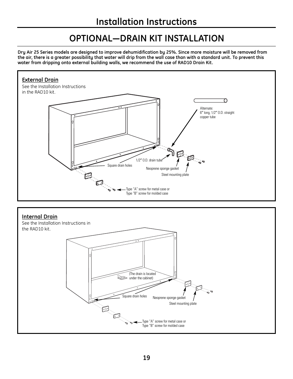 Optional drain kit, Installation instructions, Optional—drain kit installation | GE Zoneline 4100 User Manual | Page 19 / 72