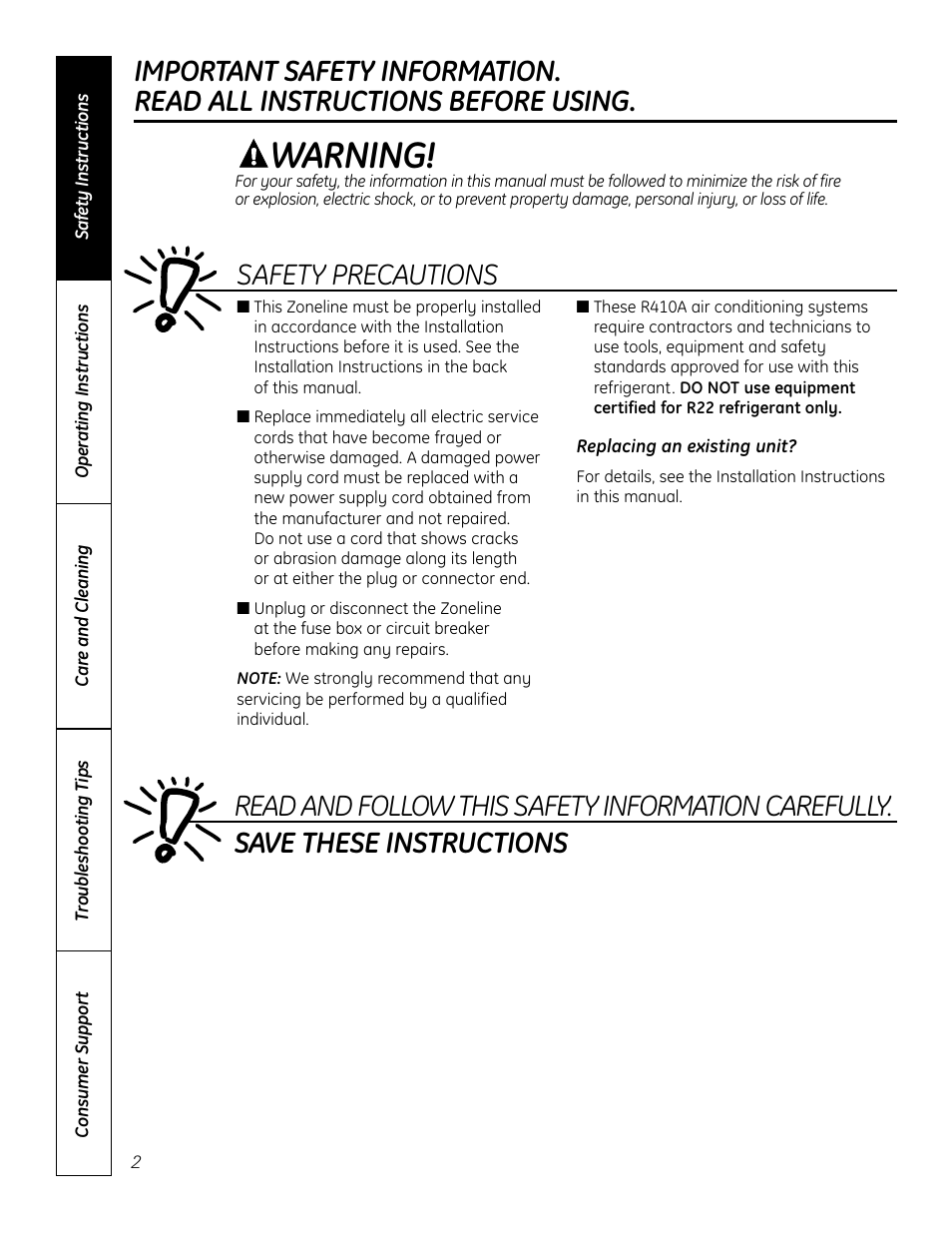 Safety instructions, Warning | GE Zoneline 4100 User Manual | Page 2 / 72