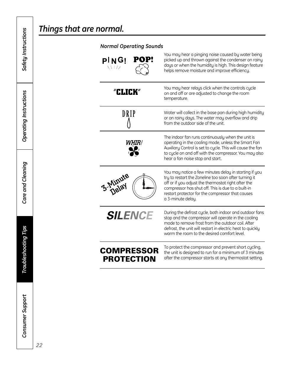 Normal operating sounds, Things that are normal, M inu te de lay “click | Compressor protection | GE Zoneline 4100 User Manual | Page 22 / 72