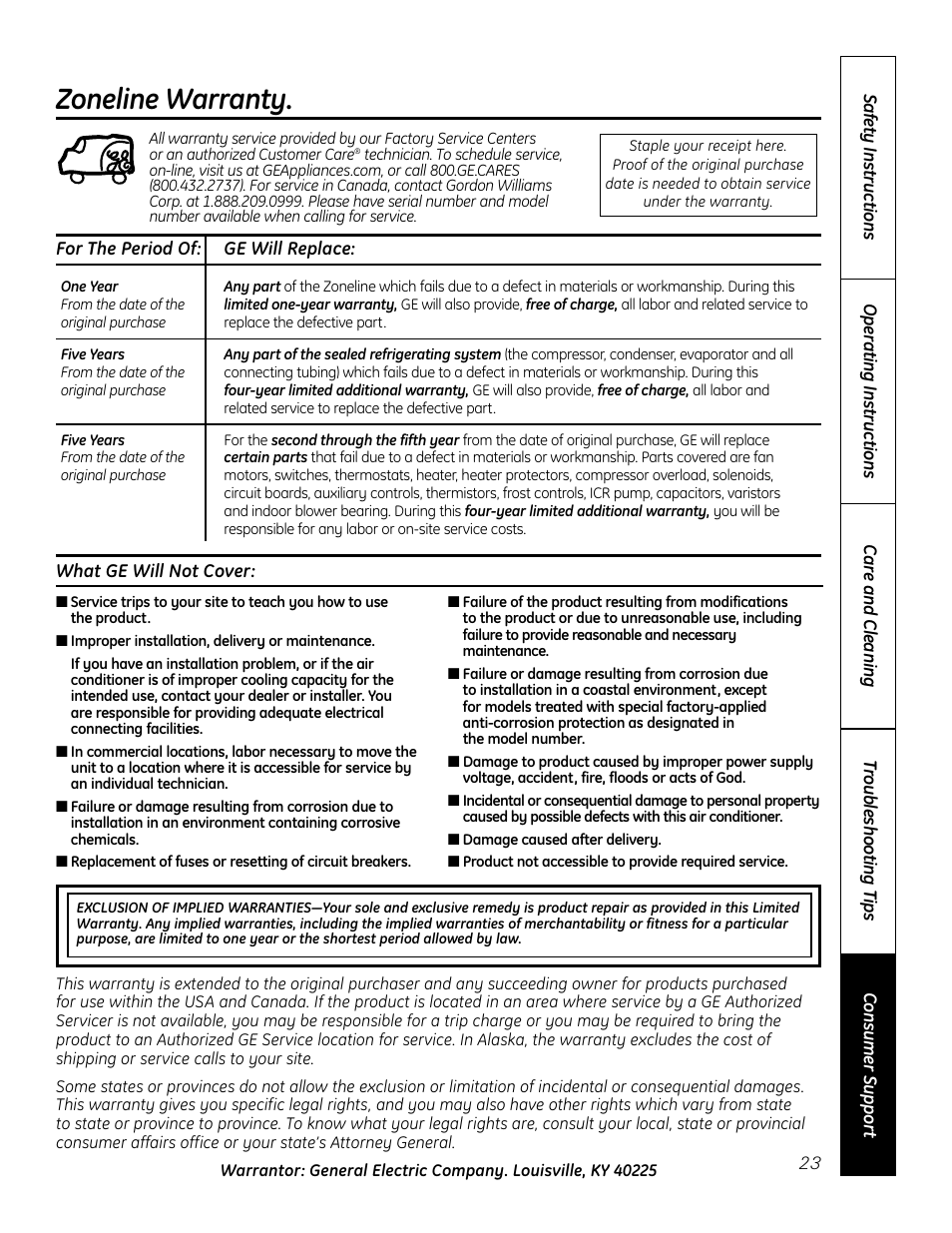 Warranty, Zoneline warranty | GE Zoneline 4100 User Manual | Page 23 / 72