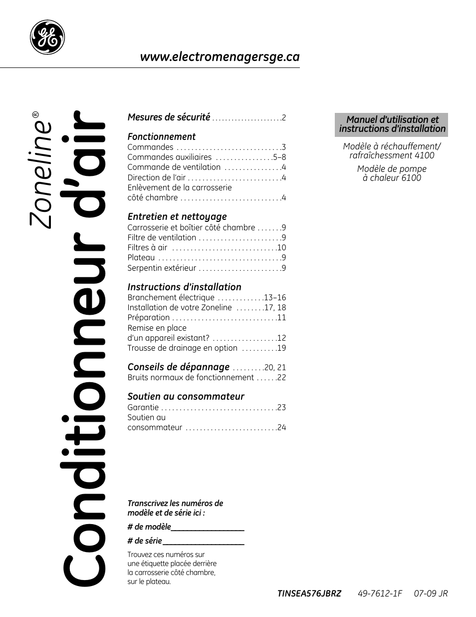 Francais, Fonctionnement, Entretien et nettoyage | Instructions d’installation, Soutien au consommateur, Zo n e lin e | GE Zoneline 4100 User Manual | Page 25 / 72