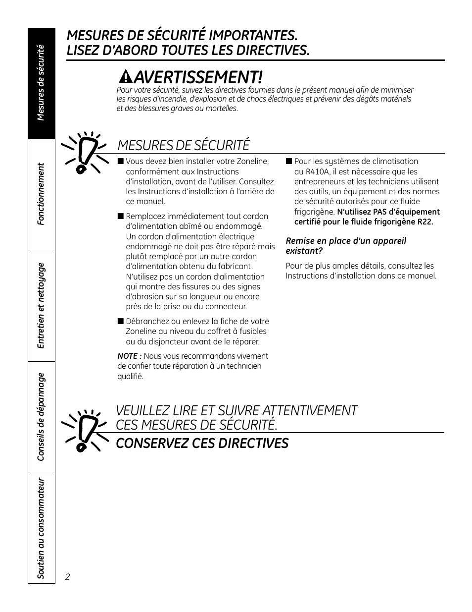 Mesures de sécurité, Avertissement | GE Zoneline 4100 User Manual | Page 26 / 72