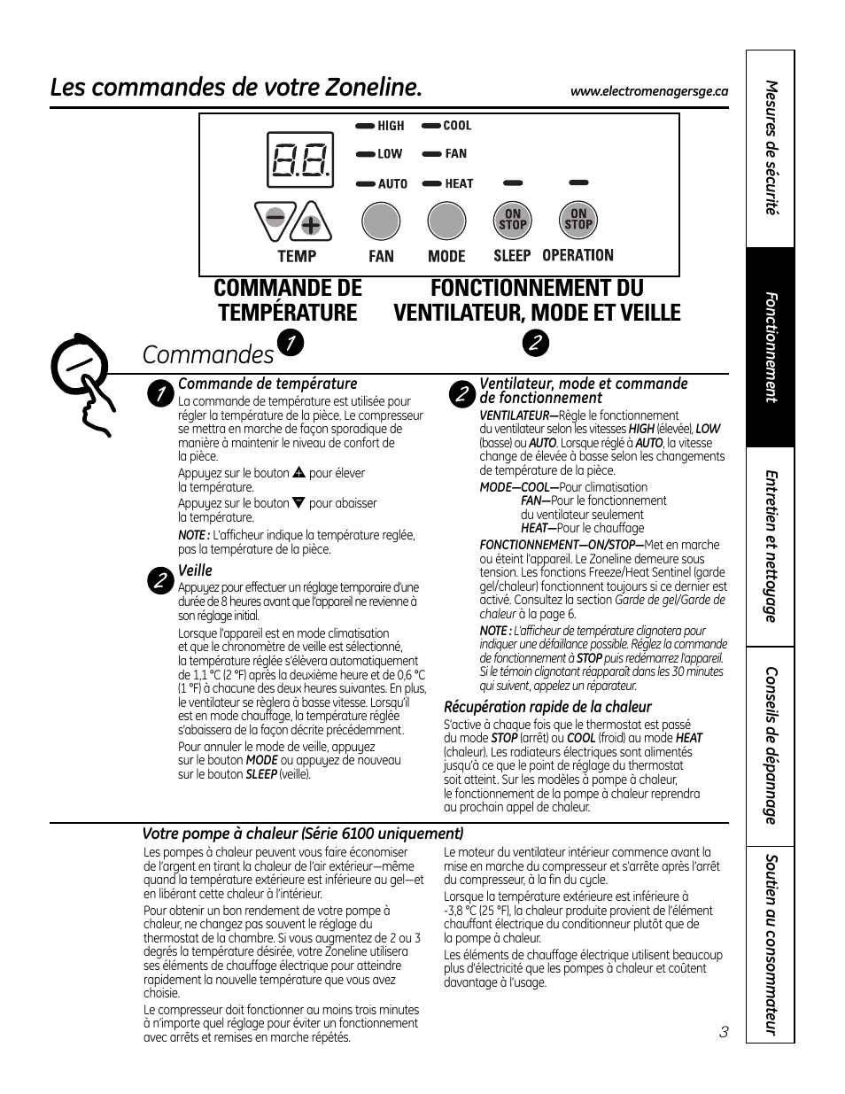 Commandes, Les commandes de votre zoneline | GE Zoneline 4100 User Manual | Page 27 / 72