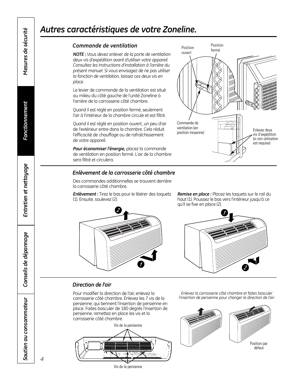 Commande de ventilation, Direction de l’air, Enlèvement de la carrosserie côté chambre | Autres caractéristiques de votre zoneline | GE Zoneline 4100 User Manual | Page 28 / 72