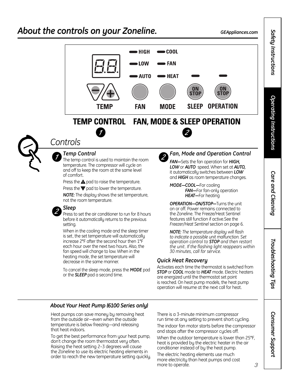 Controls, About the controls on your zoneline, Temp control fan, mode & sleep operation | GE Zoneline 4100 User Manual | Page 3 / 72