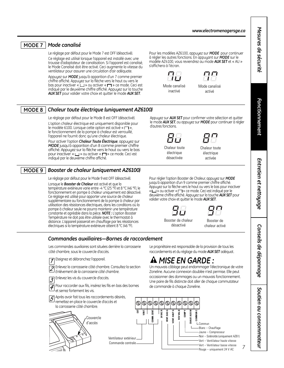 Mise en garde, Mode canalisé, Mode 9 | GE Zoneline 4100 User Manual | Page 31 / 72