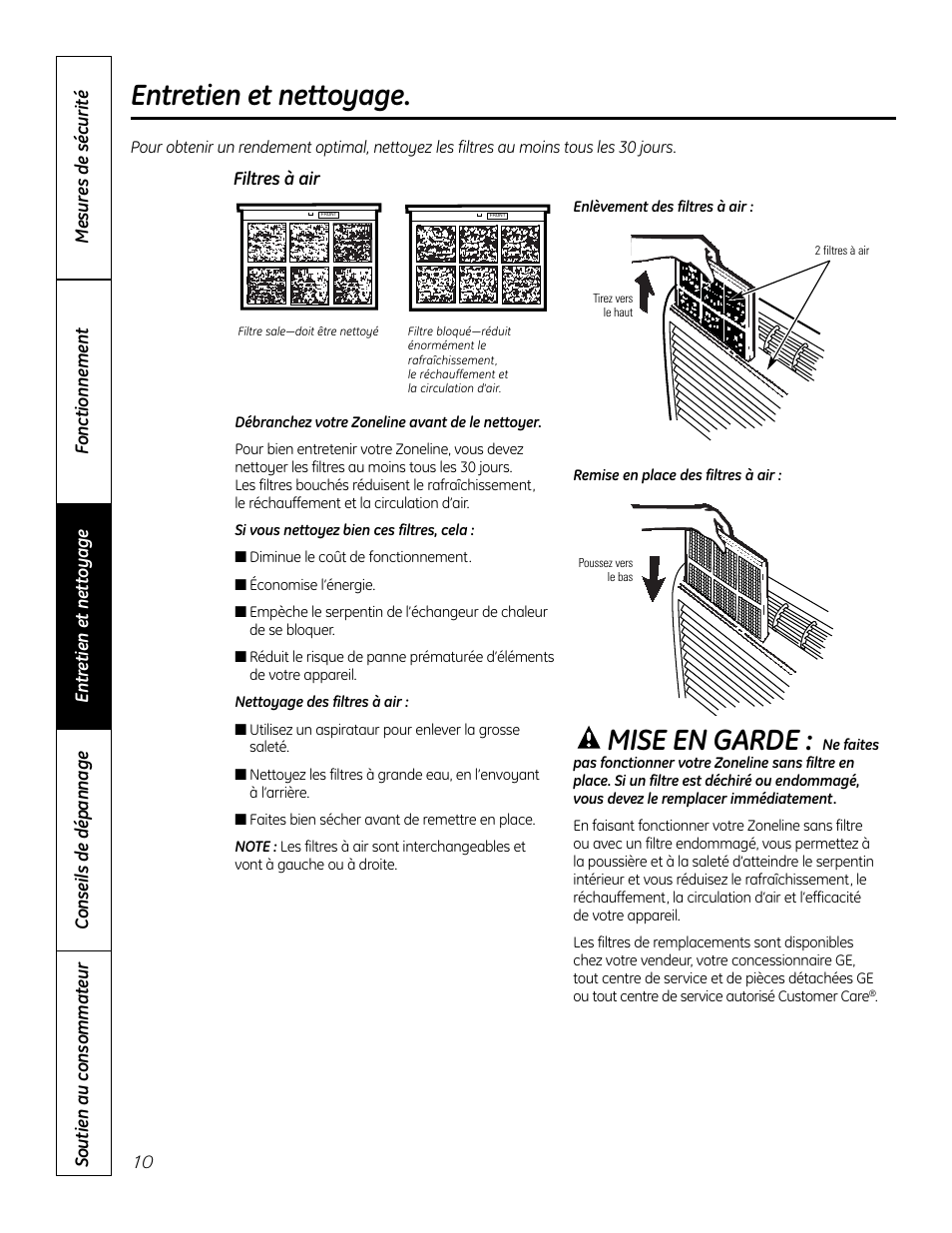 Filtres à air, Entretien et nettoyage, Mise en garde | GE Zoneline 4100 User Manual | Page 34 / 72