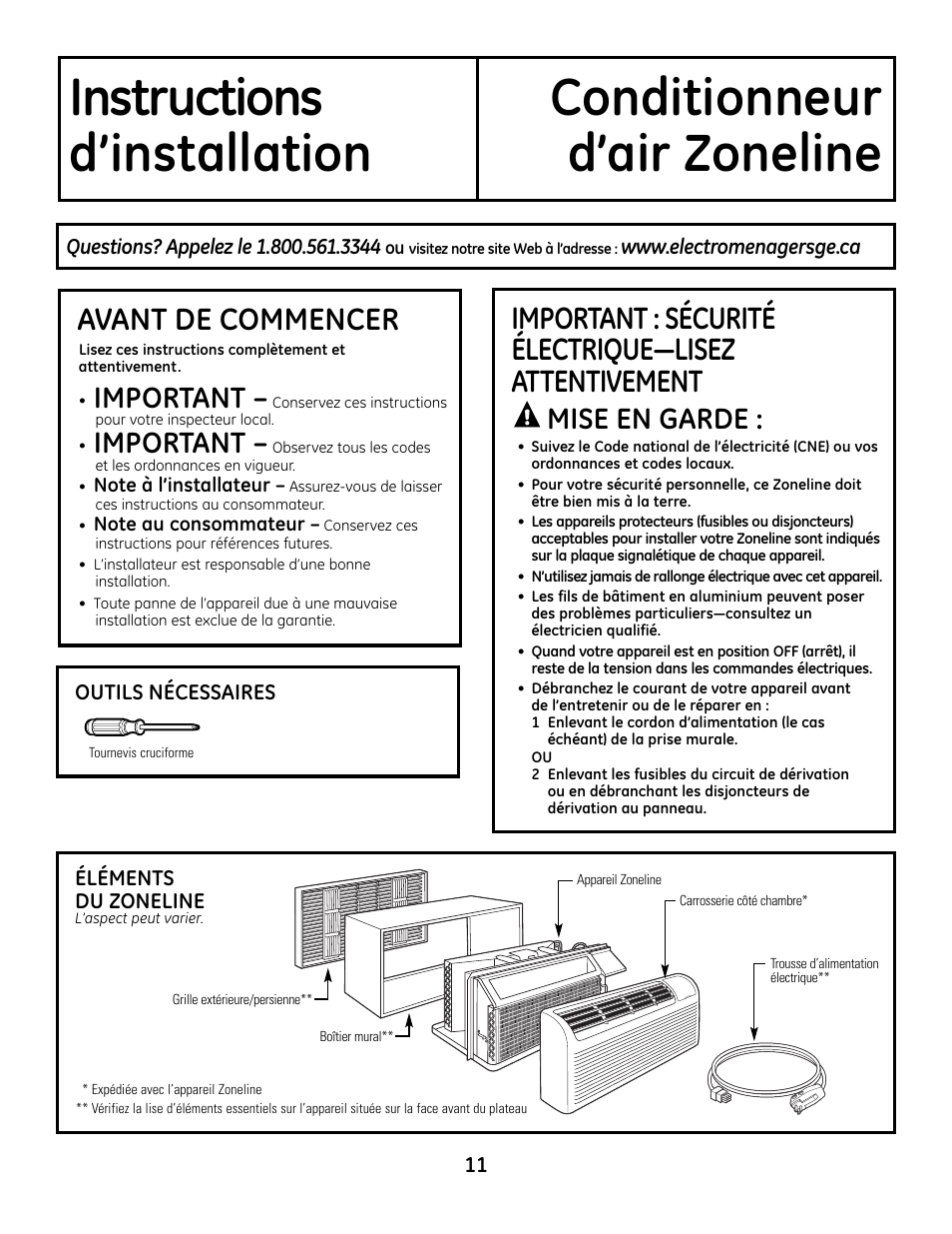 Préparation, Avant de commencer, Important | Mise en garde | GE Zoneline 4100 User Manual | Page 35 / 72