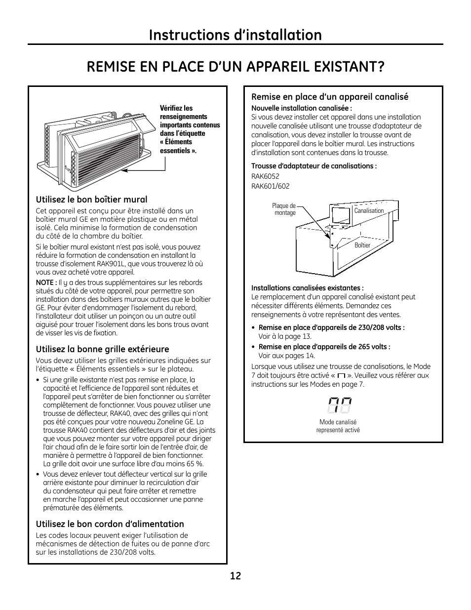 Remise en place d’un appareil existant, Instructions d’installation | GE Zoneline 4100 User Manual | Page 36 / 72