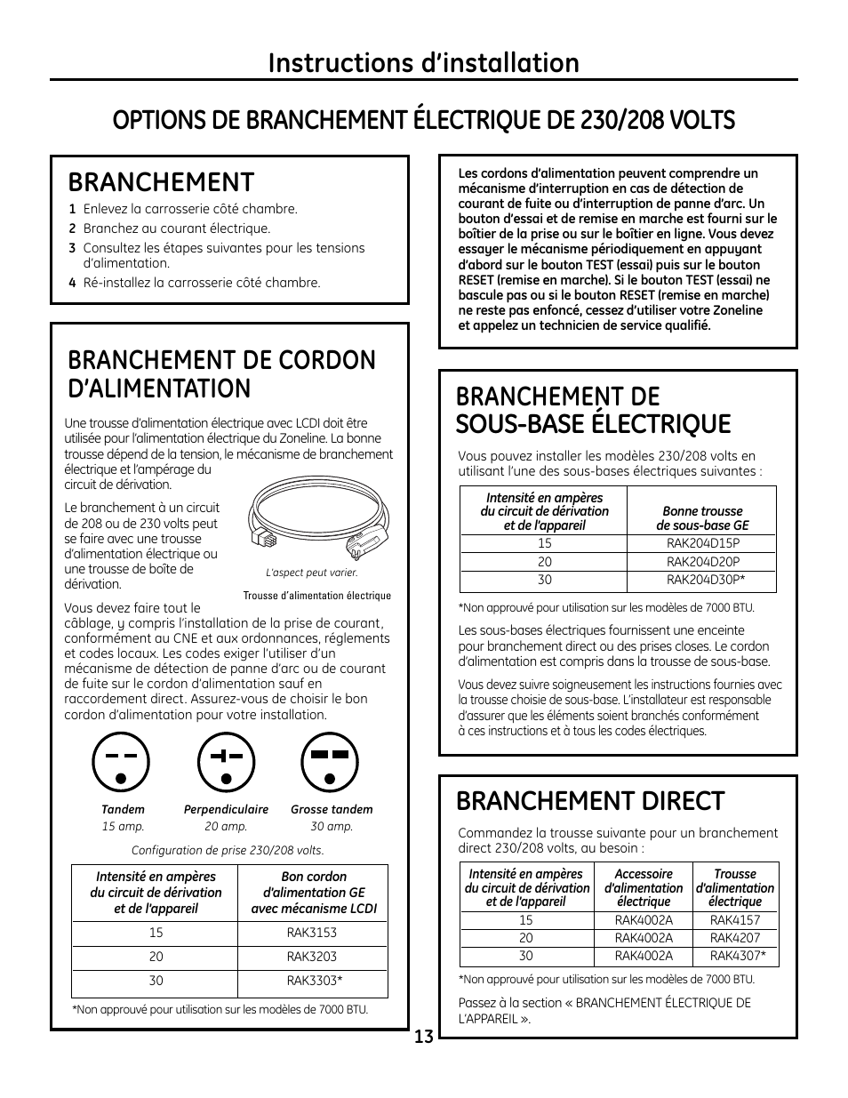 Branchement électrique, Branchement électrique –16 | GE Zoneline 4100 User Manual | Page 37 / 72