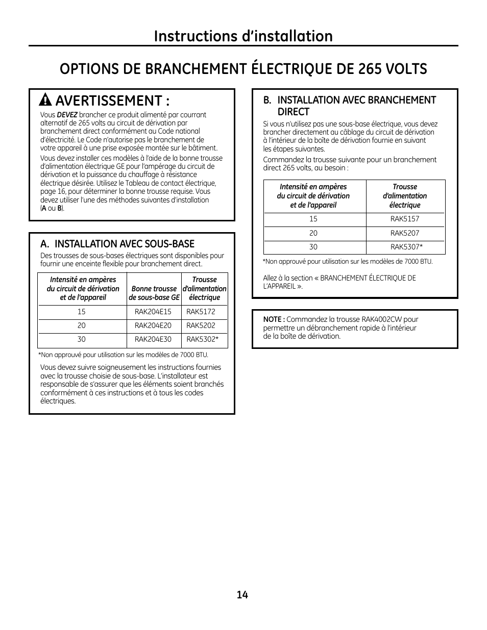 Avertissement, A. installation avec sous-base, B. installation avec branchement direct | GE Zoneline 4100 User Manual | Page 38 / 72