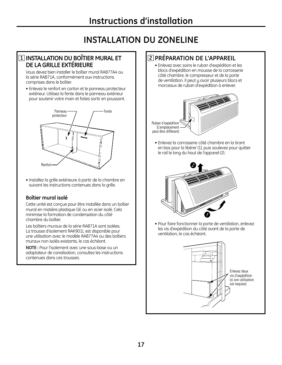Installation de votre zoneline, Installation de votre zoneline , 18, Instructions d’installation | Installation du zoneline, Préparation de l’appareil | GE Zoneline 4100 User Manual | Page 41 / 72