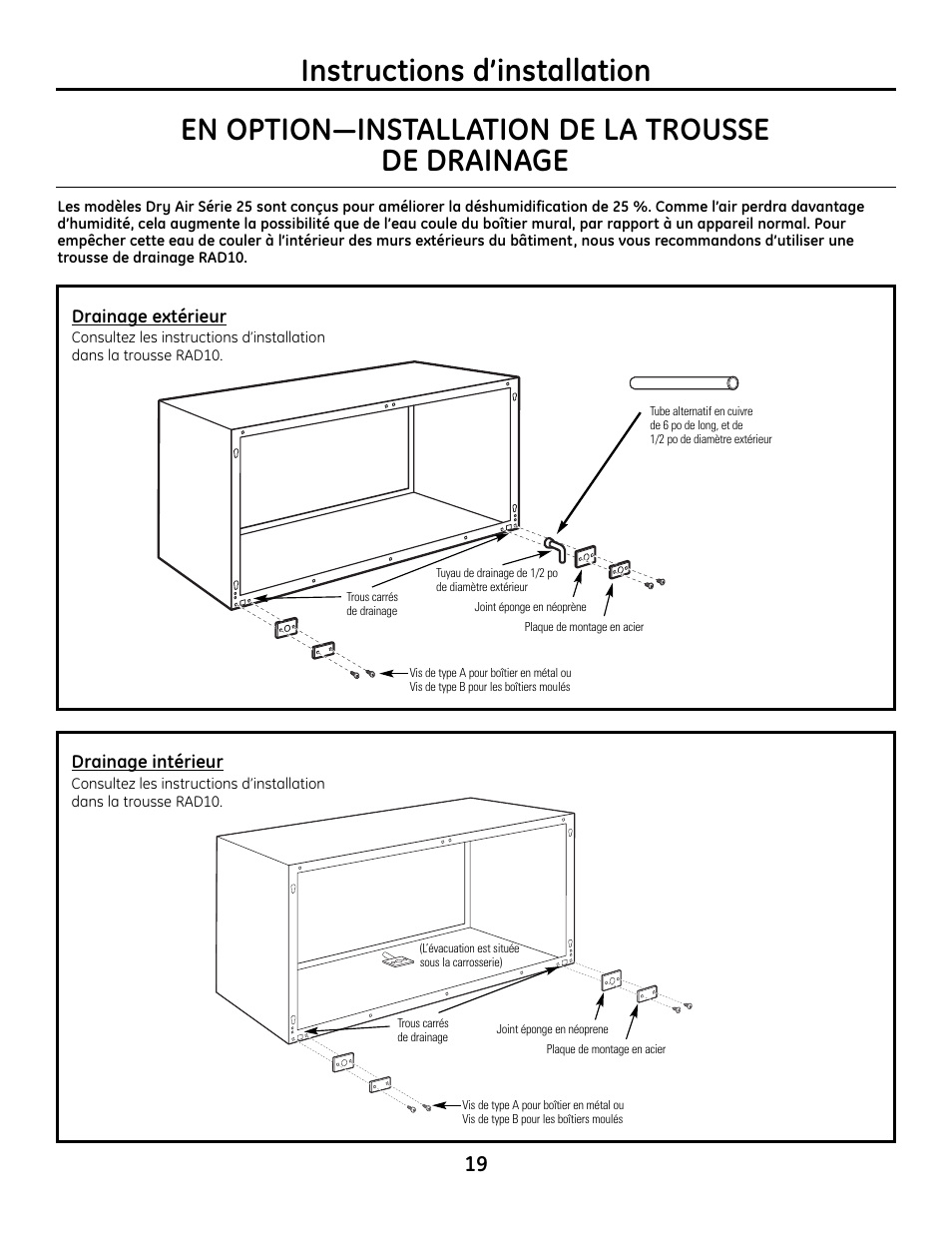 Trousse de drainage en option, Instructions d’installation, En option—installation de la trousse de drainage | GE Zoneline 4100 User Manual | Page 43 / 72