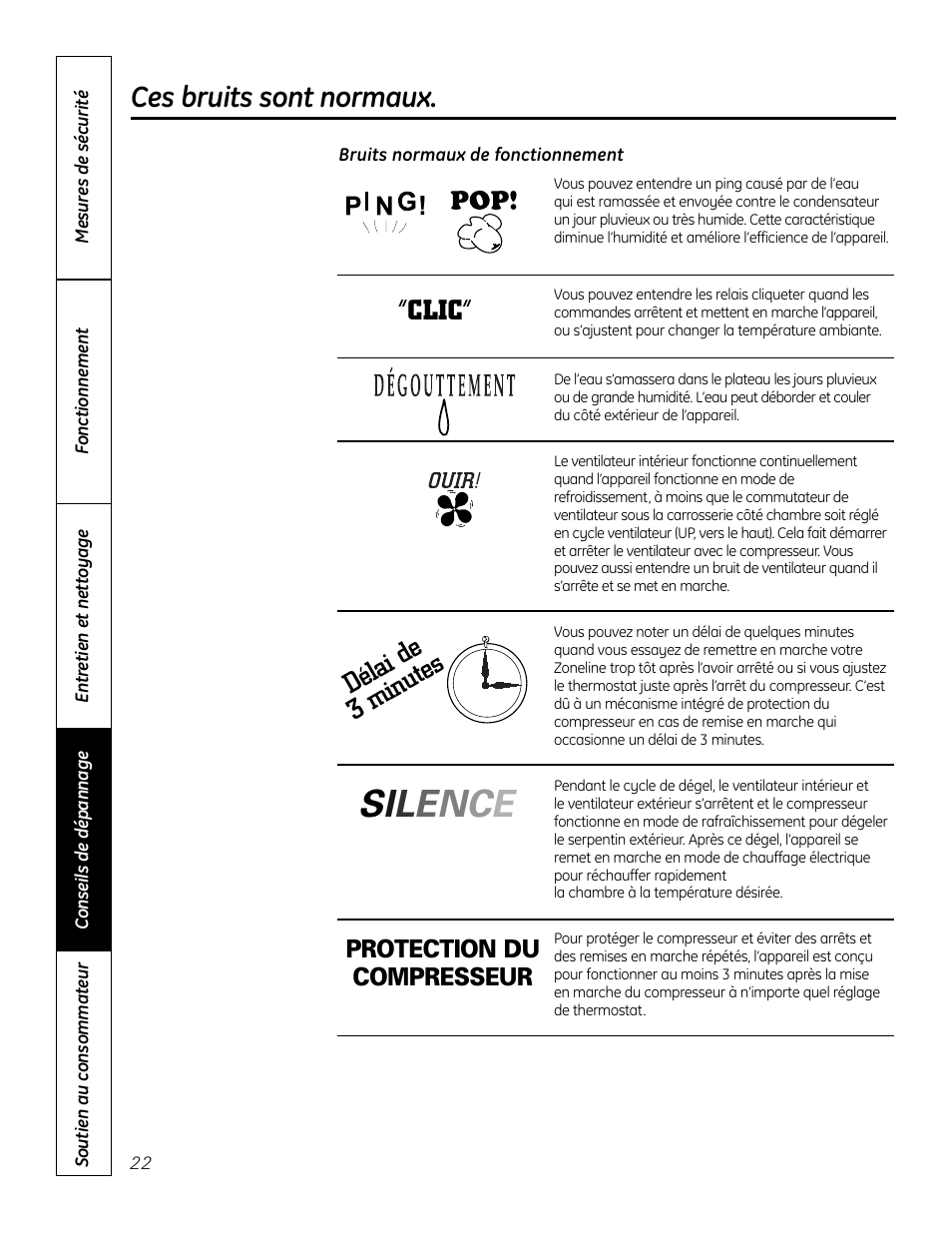 Bruits normaux de fonctionnement, Ces bruits sont normaux, Dé lai de 3 m inu tes “clic | Protection du compresseur | GE Zoneline 4100 User Manual | Page 46 / 72