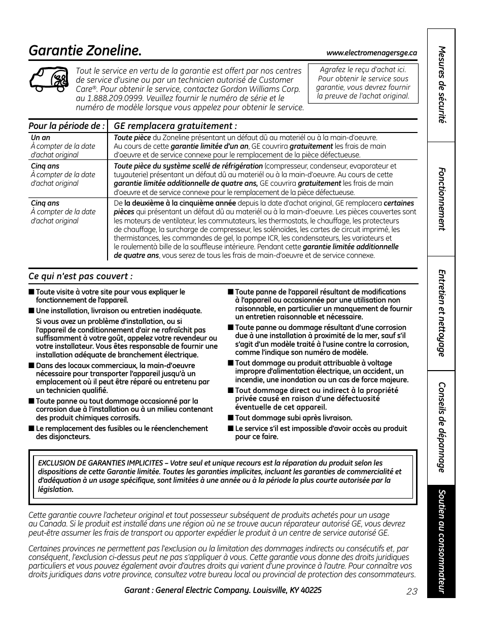 Garantie, Garantie zoneline | GE Zoneline 4100 User Manual | Page 47 / 72