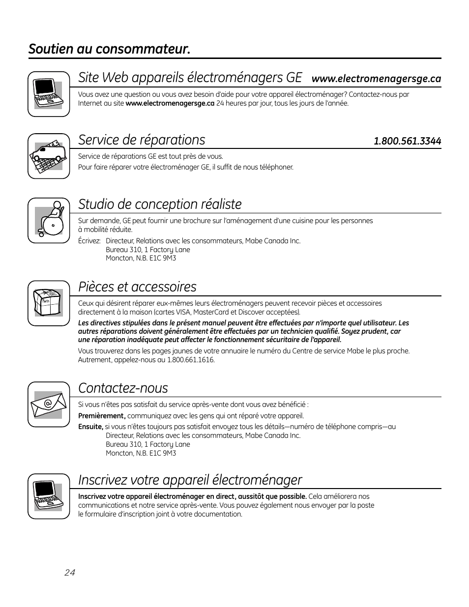 Soutien au consommateur, Service de réparations, Studio de conception réaliste | Pièces et accessoires, Contactez-nous, Inscrivez votre appareil électroménager | GE Zoneline 4100 User Manual | Page 48 / 72