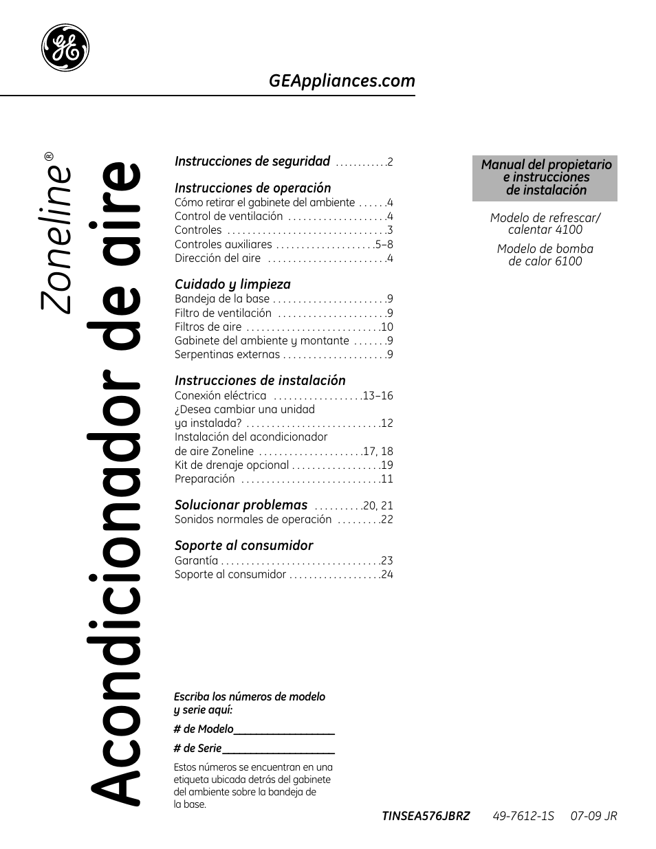 Español, Instrucciones de operación, Cuidado y limpieza | Instrucciones de instalación, Soporte al consumidor, Zo n e lin e | GE Zoneline 4100 User Manual | Page 49 / 72