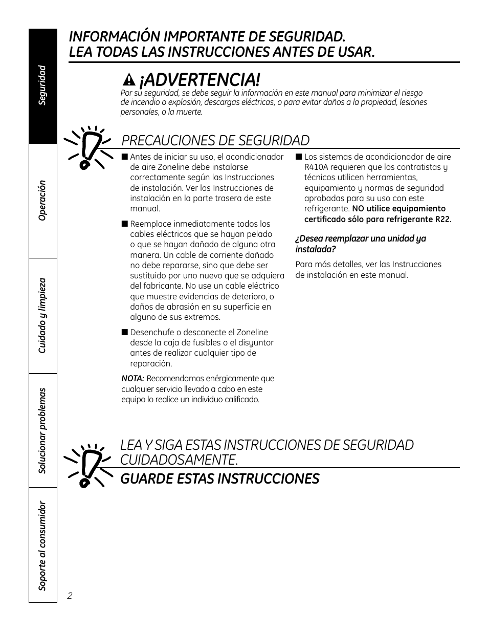 Instrucciones de seguridad, Advertencia | GE Zoneline 4100 User Manual | Page 50 / 72