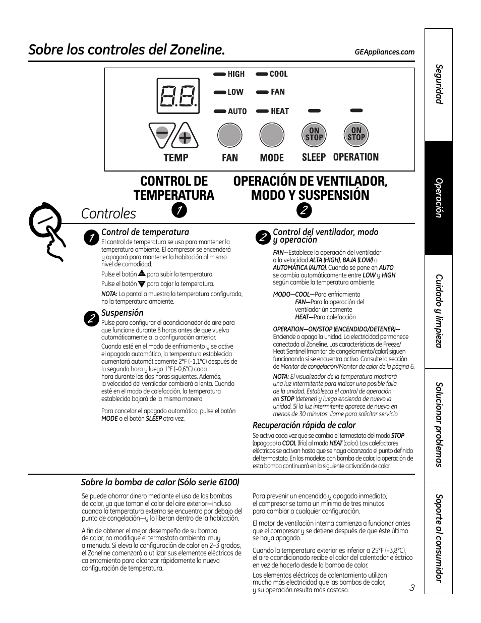 Controles, Sobre los controles del zoneline | GE Zoneline 4100 User Manual | Page 51 / 72