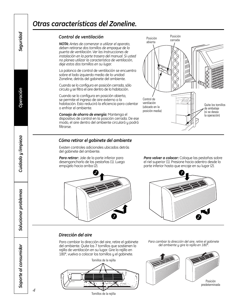 Cómo retirar el gabinete del ambiente, Control de ventilación, Dirección del aire | Otras características del zoneline | GE Zoneline 4100 User Manual | Page 52 / 72