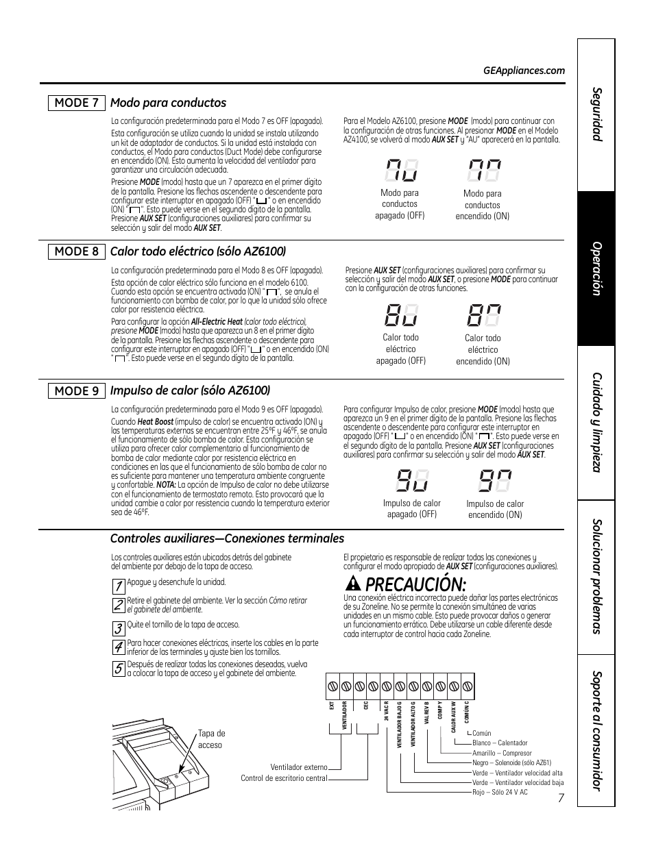 Precaución, Modo para conductos, Mode 9 | GE Zoneline 4100 User Manual | Page 55 / 72