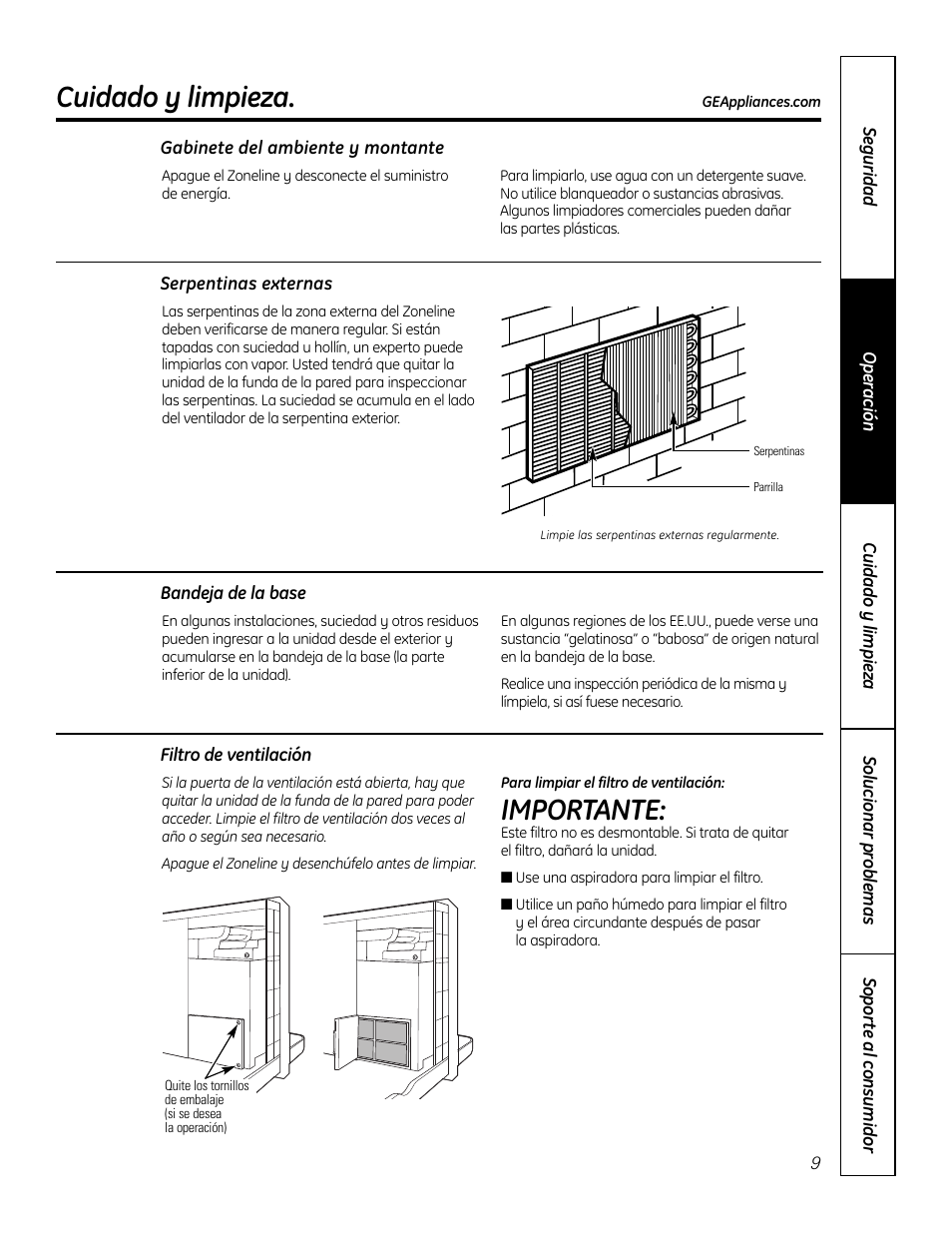 Bandeja de la base, Filtro de ventilación, Gabinete del ambiente y montante | Serpentinas externas, Bandeja de la base filtro de ventilación, Cuidado y limpieza, Importante | GE Zoneline 4100 User Manual | Page 57 / 72