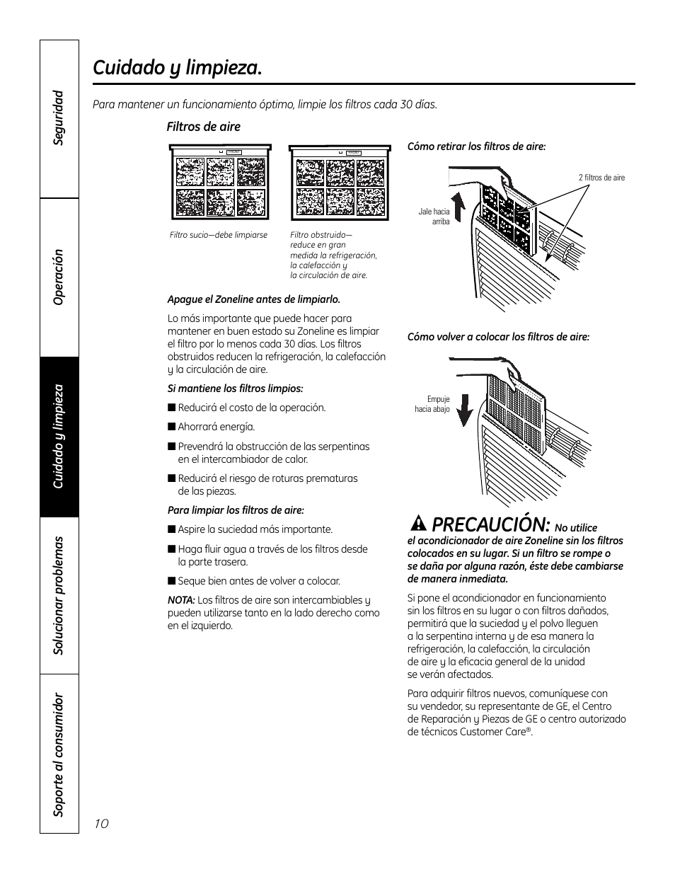 Filtros de aire, Cuidado y limpieza, Precaución | GE Zoneline 4100 User Manual | Page 58 / 72