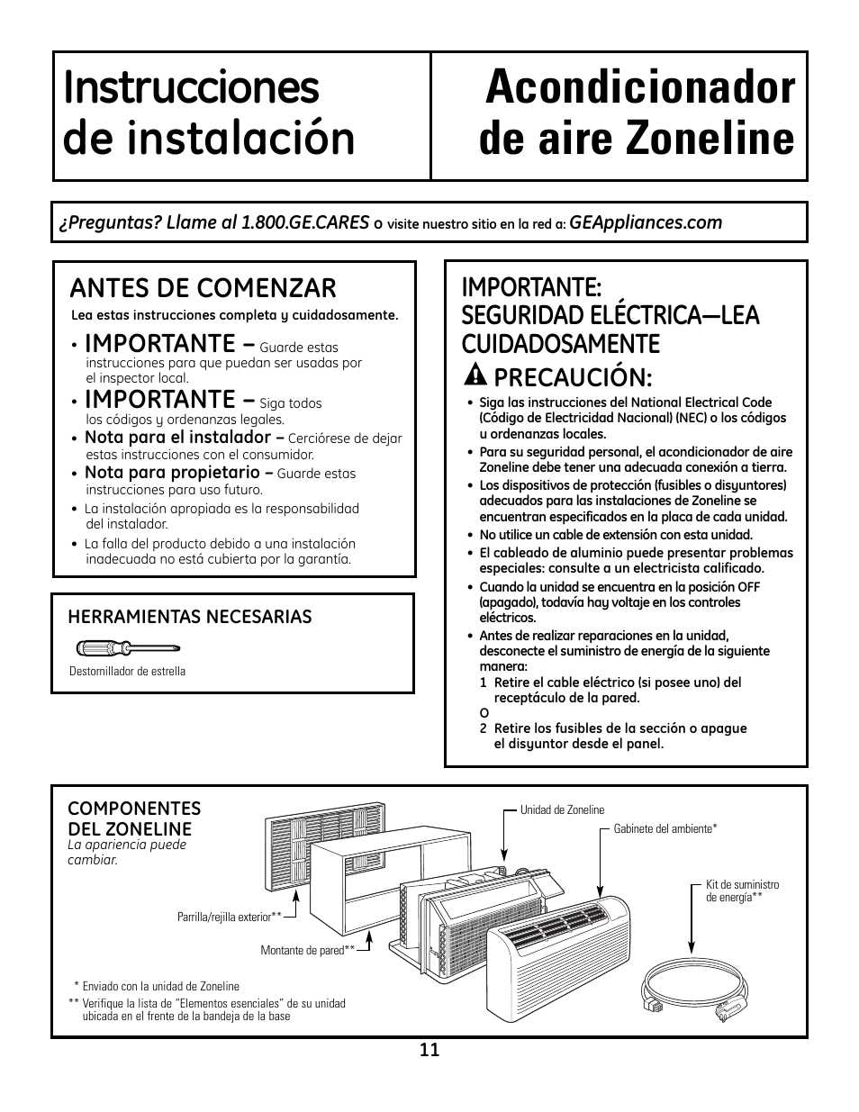 Preparación, Antes de comenzar, Importante: seguridad eléctrica—lea cuidadosamente | Importante, Precaución | GE Zoneline 4100 User Manual | Page 59 / 72