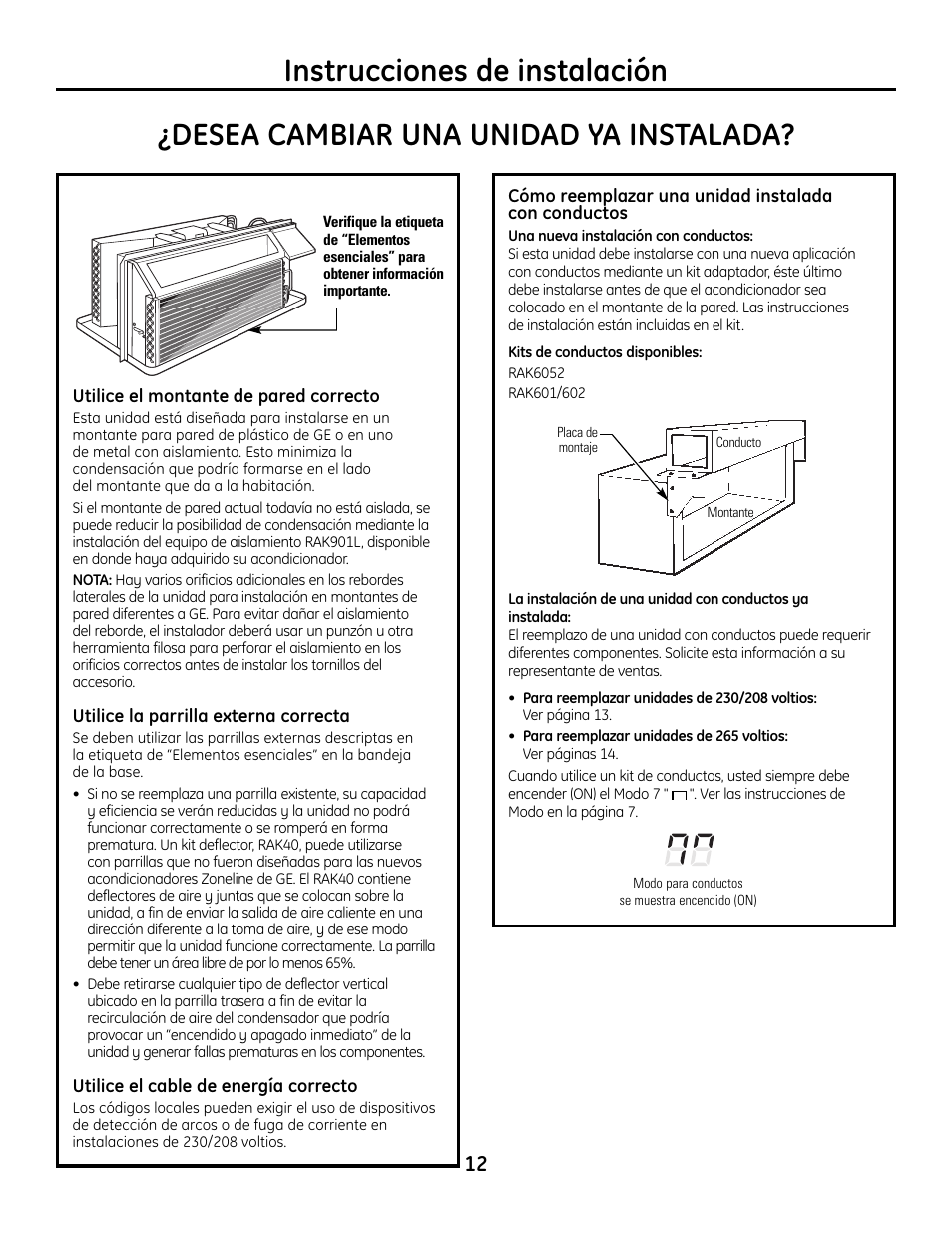Desea cambiar una unidad ya instalada, Instrucciones de instalación | GE Zoneline 4100 User Manual | Page 60 / 72