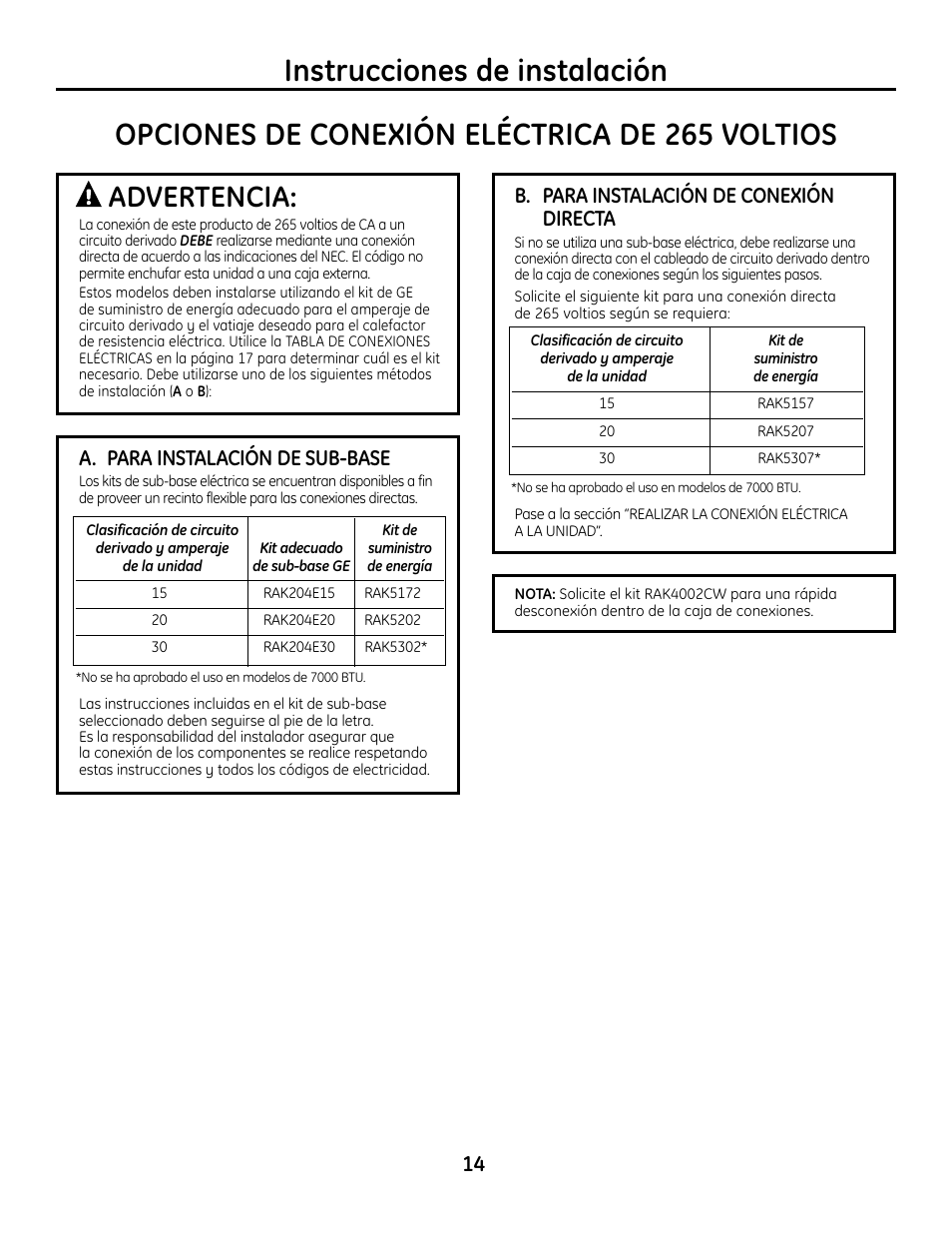 Advertencia, A. para instalación de sub-base, B. para instalación de conexión directa | GE Zoneline 4100 User Manual | Page 62 / 72