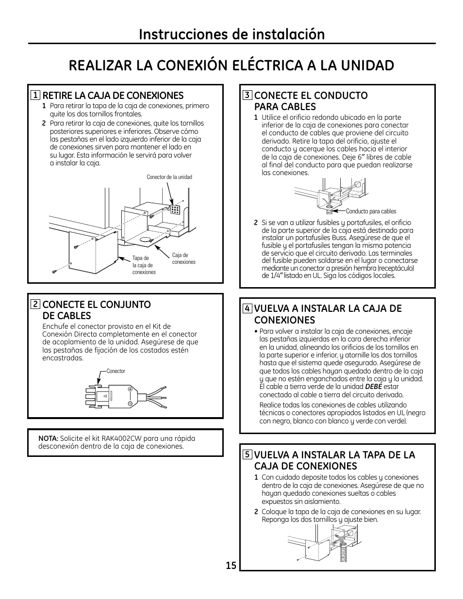 Vuelva a instalar la caja de conexiones, Vuelva a instalar la tapa de la caja de conexiones, Conecte el conducto para cables | Retire la caja de conexiones, Conecte el conjunto de cables | GE Zoneline 4100 User Manual | Page 63 / 72