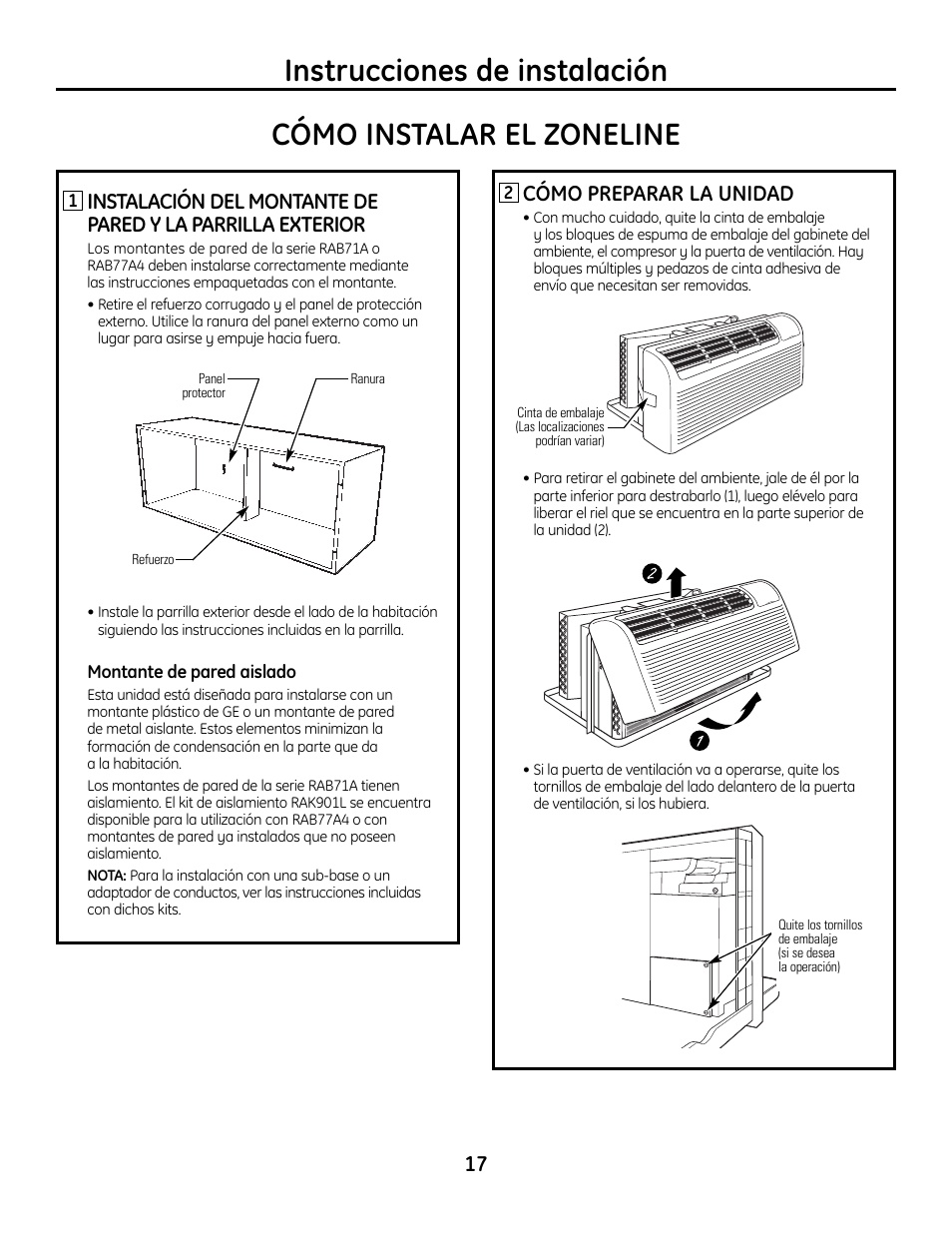 Instalación del acondicionador de aire zoneline, Instrucciones de instalación, Cómo instalar el zoneline | Cómo preparar la unidad | GE Zoneline 4100 User Manual | Page 65 / 72