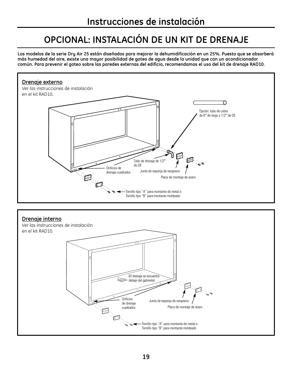 Kit de drenaje opcional, Instrucciones de instalación, Opcional: instalación de un kit de drenaje | GE Zoneline 4100 User Manual | Page 67 / 72
