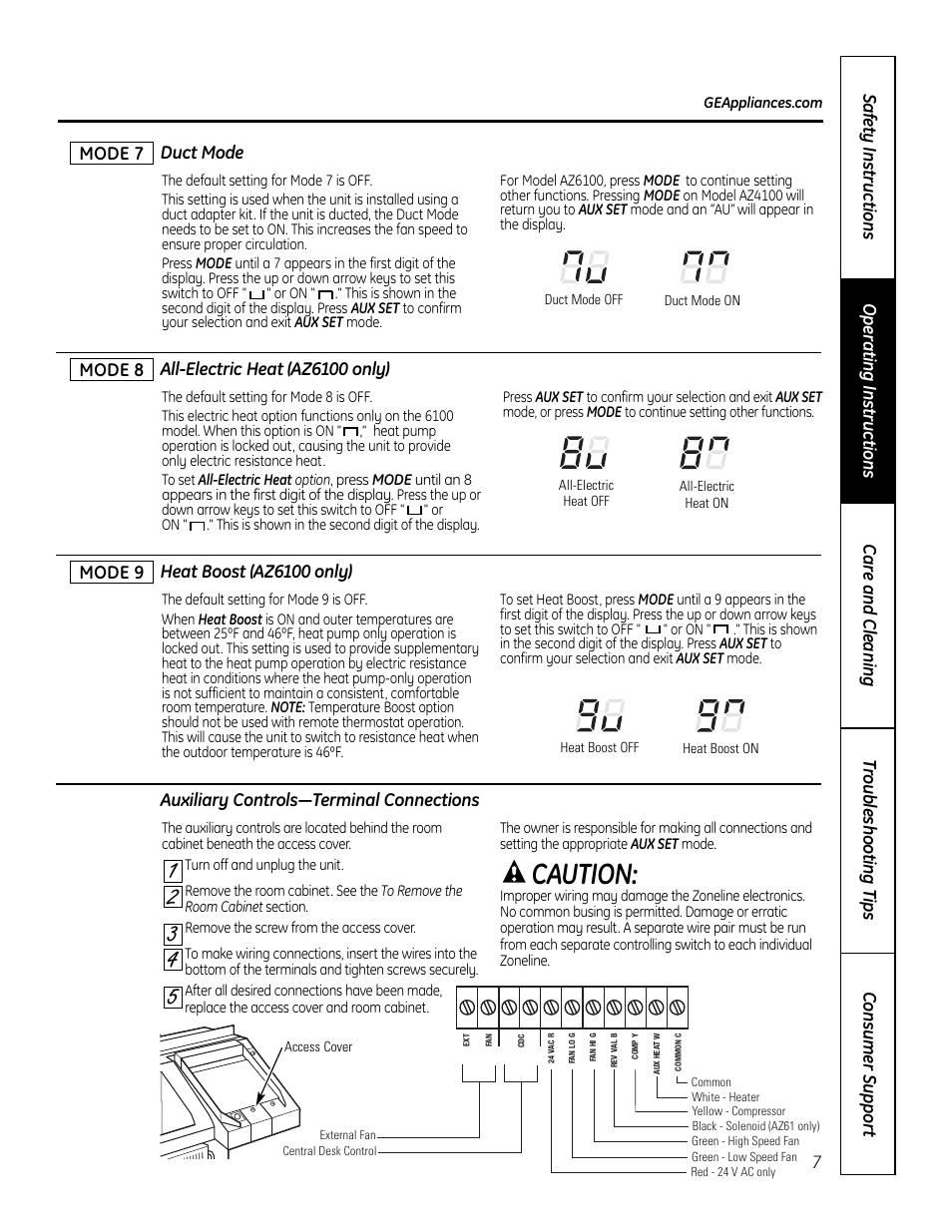 Caution, Duct mode, Mode 9 7 auxiliary controls—terminal connections | GE Zoneline 4100 User Manual | Page 7 / 72