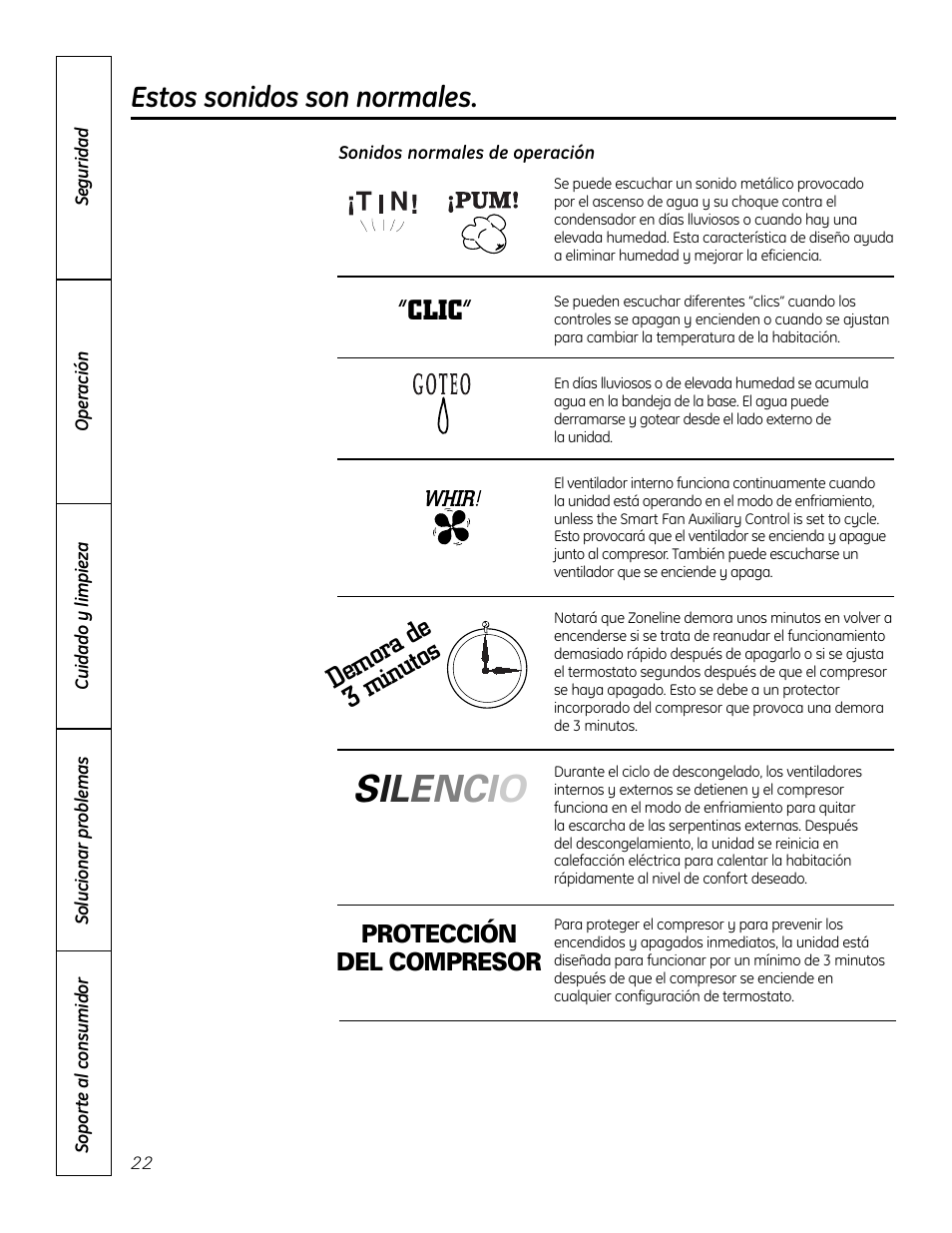 Sonidos normales de operación, Estos sonidos son normales, De mo ra de 3 m inu tos “clic | GE Zoneline 4100 User Manual | Page 70 / 72