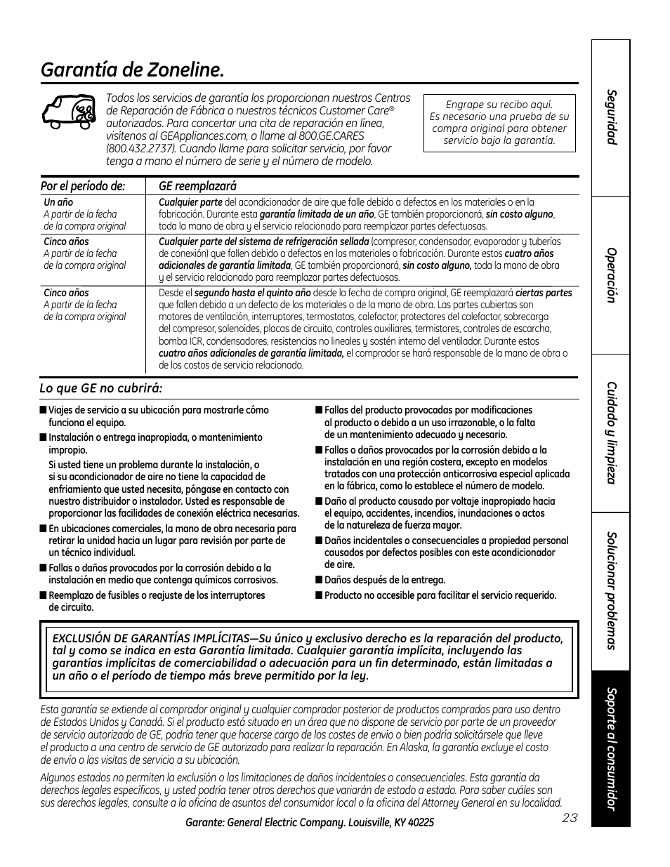 Garantía, Garantía de zoneline | GE Zoneline 4100 User Manual | Page 71 / 72