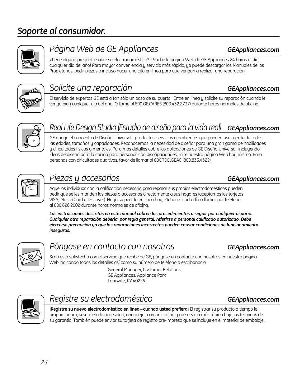 Soporte al consumidor, Página web de ge appliances, Solicite una reparación | Piezas y accesorios, Póngase en contacto con nosotros, Registre su electrodoméstico | GE Zoneline 4100 User Manual | Page 72 / 72