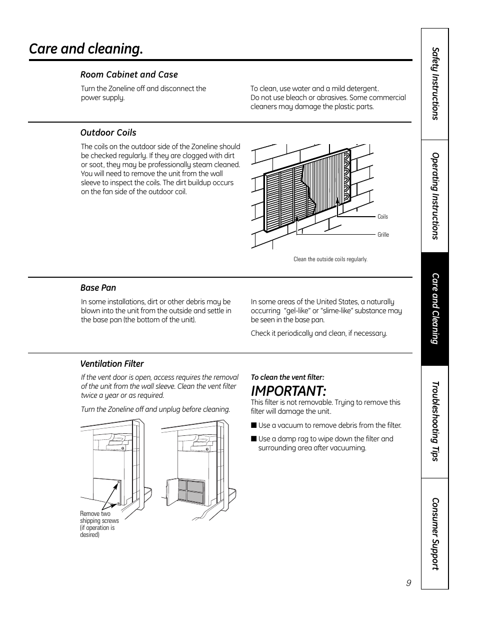 Base pan, Outdoor coils, Room cabinet and case | Ventilation filter, Care and cleaning, Important | GE Zoneline 4100 User Manual | Page 9 / 72